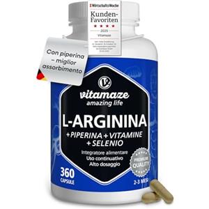 Vitamaze - amazing life L-Arginina Capsule ad Alto Dosaggio, 360 Capsule con B6, B12 + Acido Folico + Selenio + Piperina, Qualità Tedesca, Integratore Alimentare senza Additivi non Necessari
