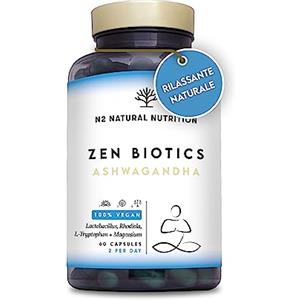 N2 Natural Nutrition Cortisolo Integratore. Ashwagandha + Magnesio + Probiotici +Triptofano + Rodiola e Tè Verde. 60 capsule. Sonno profondo, Benessere generale, Energia, Concentrazione. Vegano. CE. N2 Natural Nutrition