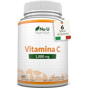 Nu U Nutrition Vitamina C 1000mg Pura Alto Dosaggio - 180 Compresse Vegane - 6 Mesi di Fornitura - Acido Ascorbico - Prodotto in Europa - Nu U Nutrition