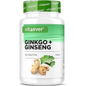 vit4ever Ginkgo + Ginseng - 365 Compresse - Estratto speciale - Alto dosaggio - Ginkgo Biloba + Ginseng Coreano - Qualità premium - Vegano