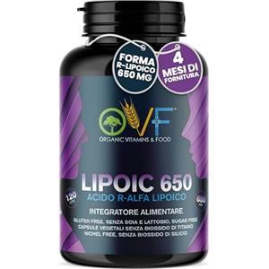 PARAFARMACIA, ORGANIC VITAMINS & FOOD OVF Acido R-Alfa Lipoico 650 mg | 120 Capsule ad Alto Dosaggio (4 mesi fornitura) | Potente Antiossidante e Antinfiammatorio Naturale | Senza Biossido di Silicio | 100% Made in Italy e Vegano