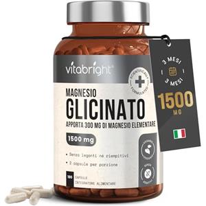 VitaBright Magnesio Bisglicinato Capsule x180 | 3 Mesi di Fornitura | 300mg Mg Elementare = 1500mg Magnesio Bisglicinato Polvere Tamponato | Magnesio Glicinato Con Glicina | VitaBright Magnesium Glycinate