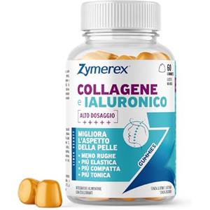 Zymerex COLLAGENE e IALURONICO Gummies | 60 gommose | Migliora l'aspetto della pelle | Bellezza viso | + Vitamina C, Zinco, Rame, Selenio | Senza glutine, lattosio e zuccheri