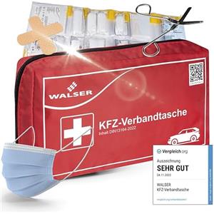 WALSER Borsa di primo soccorso per auto 2025, kit di primo soccorso per auto, set di emergenza per auto, borsa di primo soccorso DIN 13164:2022, rosso 44283