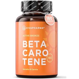 VIVAPHARMA Betacarotene per Abbronzatura Forte, 180 Compresse (1 al Giorno), Integratore Beta Carotene (8mg per Compressa) da Estratto di Carota, Sostiene Pelle e Vista - Scorta 6 Mesi, Made in Italy