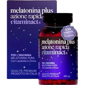 Vitaminact Melatonina Per Dormire Azione Forte - Tecnologia di Tripla Macinazione per un Assorbimento Rapido - 450 Compresse - 1 Mg di Melatonina Pura - Potenziata con Lavanda e Zinco - Prodotto in Italia.