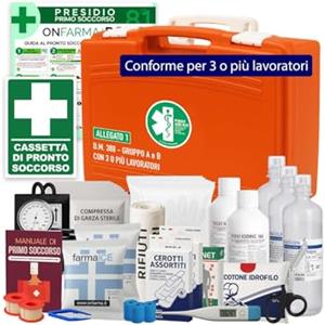 ONFARMA MEDIBOX2 cassetta medica primo pronto soccorso completa di Supporto a muro Misuratore di Pressione e Cartello di Primo Soccorso - Conforme DM 388 allegato 1 per aziende con 3 o più lavoratori