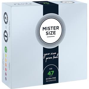MISTER SIZE Preservativi 47 mm (36 pezzi) extra sottili 0,05 mm, extra lubrificati, vestibilità precisa, lattice naturale, trasparenti, vegani, CE 0123