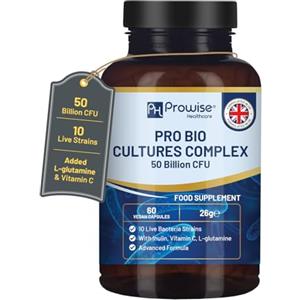 PH PROWISE Healthcare Probiotici e prebiotici complessi Bio Cultures - 50 miliardi di CFU - 10 ceppi di batteri vivi - Aggiunti con inulina, L-glutammina e vitamina C - 60 capsule di Prowise