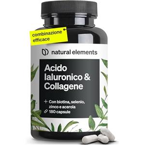 natural elements Collagene e Acido Ialuronico Integratore, 180 Capsule, + Vitamina C e Biotina, 1000mg Collagene Idrolizzato + 200mg Acido Ialuronico, Testato in Laboratorio, per Pelle, Capelli e Unghie