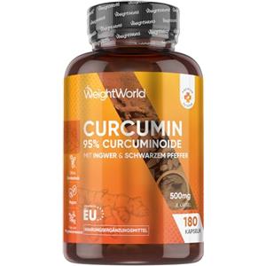 WeightWorld Curcuma Piperina Zenzero Complex, Curcumina 95%, 1 Capsula al Giorno (6 Mesi di Scorta), 180 Curcuma Capsule Vegane con Pepe Nero e Zenzero in Polvere, Integratore Turmeric, Senza Magnesio Stearato