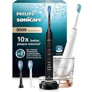 Philips Sonicare DiamondClean 9000 spazzolino elettrico, confezione doppia, spazzolino sonico con app, sensore di pressione, 4 modalità di pulizia, bicchiere di ricarica, nero e oro rosa, HX9914/61