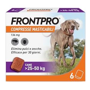 FRONTPRO 6 Compresse Masticabili Antiparassitario per Cani di Peso > 25-50 kg Protegge da Pulci e Zecche, Antipulci in Confezione da 6 Compresse da 136 mg di Afoxolaner