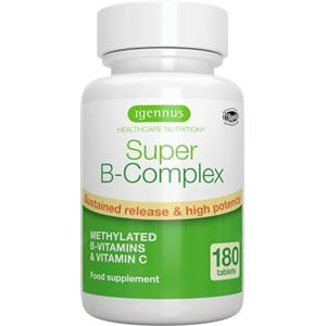 Igennus Healthcare Nutrition Super B - Vitamina B Complex, Complesso B Metilato, B1,B2,B3,B5,B6,B12 Metilcobalamina, 180 Compresse Vegane, Alto Assorbimento e Rilascio Prolungato, Metilfolato, Biotina e Vitamina C - Igennus