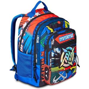 Mitama Zaino Triplo Scomparto Mysterious Warriors con Tasca frontale, Blu e Arancione, Scuola Elementare e Tempo Libero, Bambino Ragazzo