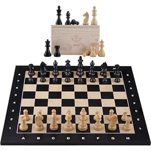 Engelhart - 170497 - Grande set scacchi di lusso nero da 50 cm con coordinate - Scacchiera intarsiata in legno d'acero - Pezzi scolpiti e zavorrati - Dai 6 anni