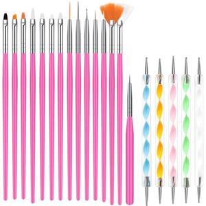 URAQT Nail Art Pennelli Unghie, 20 Pezzi Professionali Pennelli Unghie Kit, Nail Art Pennelli per Nail Design, Gel Pennelli per Unghie per Manicure Detailing Painting（Rosa Rossa）