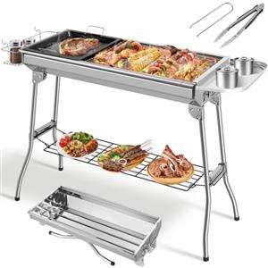TLGREEN Barbecue a Carbonella XXL, Griglia a Carbone, Griglia Campeggio, Barbecue a Cabone Portatile Pieghevole in Acciaio Inossidabile con Padella Antiaderente, per Giardino Terrazza Picnic Campeggio