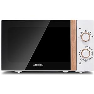 MEDION Microonde (effetto legno, 20 litri, 700 watt, porta a specchio, 5 livelli di potenza, funzione scongelamento, timer, MD10596) bianco
