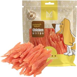 MERSJO dog treats - 88% alto contenuto di carne, senza additivi, Senza Cereali e Zuccheri, crocchette per cani come supplemento giornaliero, Masticare Naturale, strisce di pollo morbido, 500g