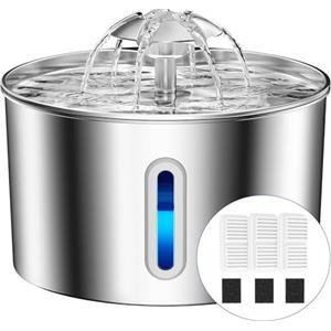 BalimoPet Fontanella per Gatti Acciaio, 2,2L Fontana per Gatti Super Silenzioso, Sistema di Filtraggio Quadruplo, Facile da Pulire, Fontanella Gatto con cavo, 3 Filtri con LED Distributore Acqua Gatto