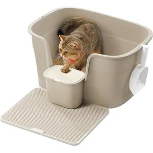 Feandrea Lettiera per Gatti in Casa, Extra Larga con Lati Rialzati, con Tavola Raccogli Lettiera, Scatola Portaoggetti, Paletta, per Più Gatti di Taglia Grande, Beige Cappuccino PPT003K01