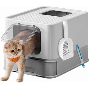 Feandrea Lettiera per Gatti Nascosta, Casetta per Lettiera, Vassoio Estraibile, Paletta, Spazzola, Ampio per Gatti Grandi, Portata 15 kg, Meno Tracce, Grigio Chiaro e Grigio Tortora PPT001GD03