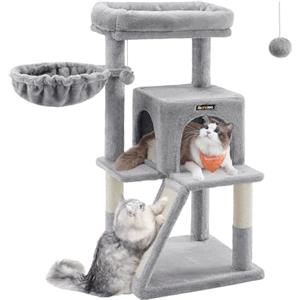 Feandrea Albero per Gatti, Tiragraffi per Gatti, Pali e Rampa Graffiatoio in Sisal Naturale, 2 Pompon Sospesi, Grotta, Cesto, Trespolo di Peluche, Grigio Chiaro PCT51W
