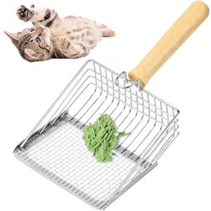 Aomig Paletta Lettiera Gatto, Paletta per Lettiera per Gatti in Metallo, Paletta Lettiera Gatto Metallo con Manico in Legno, Spaziatura Fori 5mm/8mm, Pala Profonda Progettata per Chi ha più Gatti