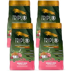 TRIPLO TerComposti - Triplo Pet Food Maiale e Riso 3kg x4, Ideale per Adulti di Tutte le Razze, Pelo Lucido e Folto, Crocchette Cani con Estratto di Olivo, Cibo per Cani Secco Nutriente e Bilanciato