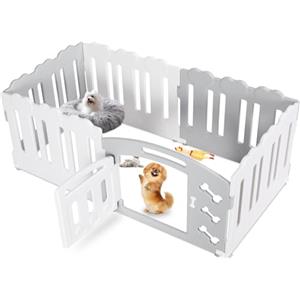 MAMIZO Recinto per Cani Interno Esterno alto 60cm, Box Cani 5+1 PCS Pannelli, Recinzione Gatti Pieghevole, Recinto Gatti in Plastica con Cancello, Incluse Ventose e Ancoraggi a Terra, Grigio-Bianco