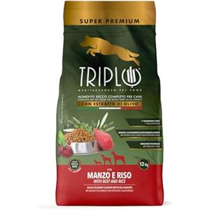 TRIPLO TerComposti - Triplo Pet Food Manzo e Riso 12kg, Ideale per Adulti di Tutte le Razze, Pelo Lucido e Folto, Crocchette Cani con Estratto di Olivo, Cibo per Cani Secco Nutriente e Bilanciato