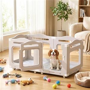 MAMIZO Recinto per Cani Acrilico 126 × 68 cm, Box per Cuccioli con Ruote e Base, Box per il Parto Cani con Cuscinetto Impermeabile, 5+1 PCS Pannelli Parco per Cani adatto Appartamento, Grigio Caldo
