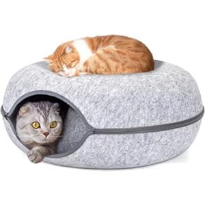 Nobleza Tunnel Per Gatti in Feltro, Cuccia per Gatti Rimovibile con Cerniera, Grande Cuccia Rotonda per Gatti da Interno, Adatto per Gatti di Taglia Medio-Grande Fino a 13 kg, 60×60×26cm, Grigio