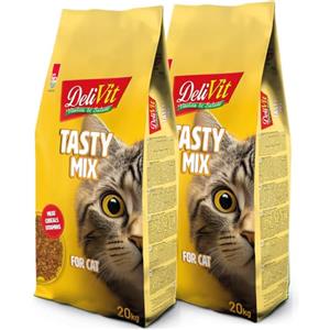 DeliVit Tasty Mix - Croccantini per Gatti Adulti 40 kg (2 confezioni da 20 Kg) | Mix di 3 Gusti con Carne | Nutrizione Quotidiana