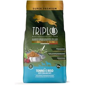TRIPLO TerComposti - Triplo Pet Food Tonno e Riso 12kg, Ideale per Adulti di Tutte le Razze, Pelo Lucido e Folto, Crocchette Cani con Estratto di Olivo, Cibo per Cani Secco Nutriente e Bilanciato