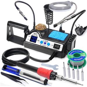 WEP 927-IV V1 Kit Saldatore a Stagno 110W con 3 Canali Preimpostati, Modalità Sleep, Lente d'Ingrandimento LED, 5 Punte per Saldatura Extra, 2 Mani Ausiliari, Solder Wire, Pinzette (EU Plug)