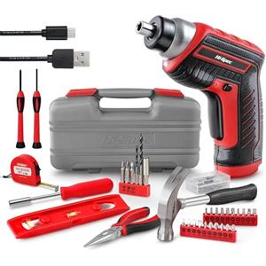 Hi-Spec Kit da 35 pezzi per il Fai Da Te con Avvitatore Elettrico Rosso ricaricabile con batteria da 3.6V. Un set completo di attrezzi per i lavori di casa con cacciavite elettrico, martello