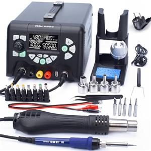 YIHUA 853D 5A-II Professionale Stazione Saldatore Saldante Aria Calda Alimentatore da Banco 3-IN-1 0-30.00V 0-5.0000A regolabile con 21 accessori(EU PLUG)