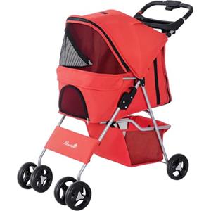 PawHut Passeggino per Cani Piccoli Pieghevole, Carrozzina per Cani con Ruote con Freni, Portabicchieri, Cestino Portaoggetti, 3 Finestre e Ruote Anteriori a 360°, per Animali Domestici 10 kg, Rosso