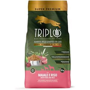 TRIPLO TerComposti - Triplo Pet Food Maiale e Riso 12kg, Ideale per Adulti di Tutte le Razze, Pelo Lucido e Folto, Crocchette Cani con Estratto di Olivo, Cibo per Cani Secco Nutriente e Bilanciato