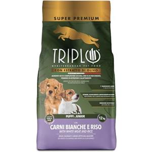TRIPLO TerComposti - Triplo Pet Food Puppy & Junior 12kg, Ideale per Cuccioli e Femmine in Gestazione, Crocchette Cani con Carni Bianche e Riso, Estratto di Olivo, Secco Nutriente e Bilanciato