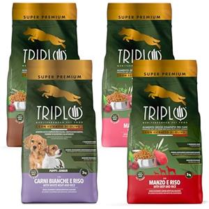 TRIPLO TerComposti - Triplo Pet Food Mix Manzo, Maiale, Agnello, Carni Bianche e Riso, 3kg x4, Ideale per Cani Adulti e Cuccioli, Pelo Lucido, Cibo Secco Nutriente e Bilanciato, con Estratto di Olivo