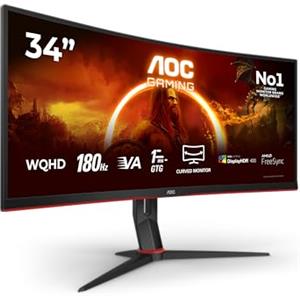AOC Gaming CU34G2XP - WQHD Curved Monitor da 34 pollici, 180 Hz, FreeSync Prem., HDR400 (3440x1440, 1ms GtG, HDMI, DisplayPort, USB Hub) nero-rosso