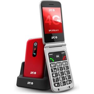 SPC Stella 3 - Telefono Cellulare Flip per anziani 4G | Menu e tasti grandi | Pulsante SOS, configurazione remota, compatibilità HAC e volume 103 dB | Base di ricarica e 3 memorie dirette - Rosso