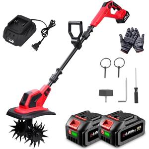 ONEVAN Motozappa Elettrica, 550W Motozappa a Batteria, Larghezza 23 cm e Profondità 16 cm, 2 batterie da 4,0 Ah, Impugnatura Regolabile, Zappatrice Elettrica, per Giardinaggio e Coltivate