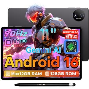 TECLAST P50T Android 16 Tablet 11 Pollici Gemini AI, 90Hz Display, T7200 2GHz Octa Core Gaming Tablets, 2.4G+5G WiFi, 12GB RAM 128GB (5TB TF), 7000mAh, Widevine L1, 13MP, GPS/BT5/OTG, Tablet Con Penna