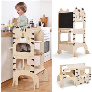 labebe torre montessoriana bambini,multifunzionale torre montessoriana pieghevole in legno, 3 in 1 Torre di apprendimento per bambini trasformabile con lavagna-tigri