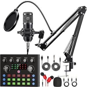 Brvomussy Pacchetto di attrezzature per podcast, pacchetto di studio di registrazione con microfono per podcast e cambia voce, interfaccia audio per computer portatile Streaming live YouTube TikTok