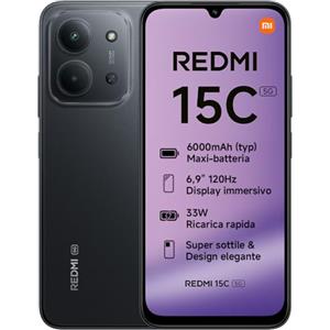 Xiaomi Redmi 15C 5G, Smartphone 4+256GB, Display 6,9" 120Hz, MediaTek Dimensity 6300, processore 5G, Dual camera AI 50MP, Mega batteria da 6000mAh, Garanzia 2 anni, Nero, Caricabatterie non incluso